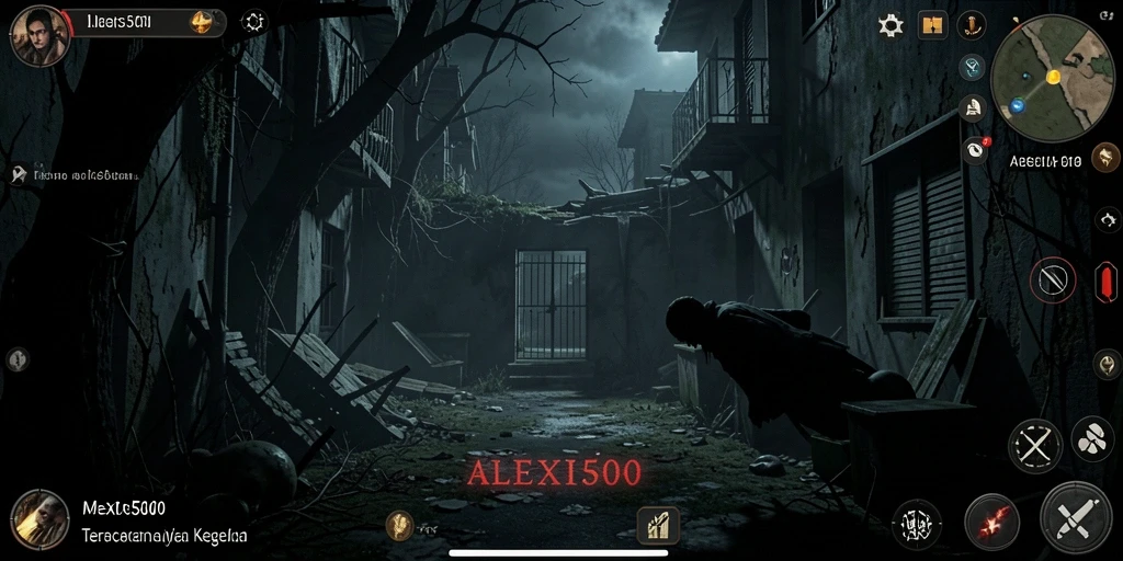 Screenshot gameplay ALEXIS500 dengan atmosfer mencekam dan elemen Horror.