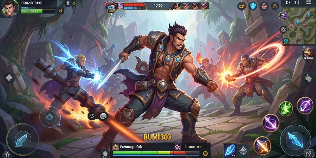 Screenshot gameplay BUMI303 menampilkan pertempuran MOBA yang intens dan dinamis.