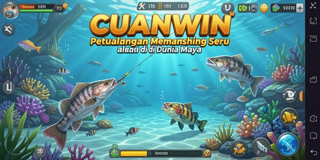 Tampilan screenshot gameplay CUANWIN yang menampilkan aksi memancing di lautan.