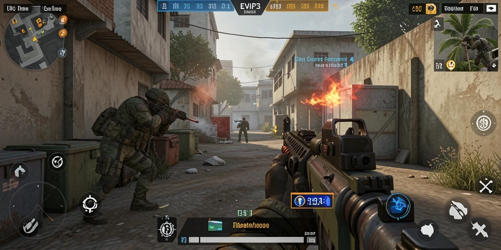 Screenshot gameplay EVIP3 menampilkan aksi tembak-menembak yang intens.