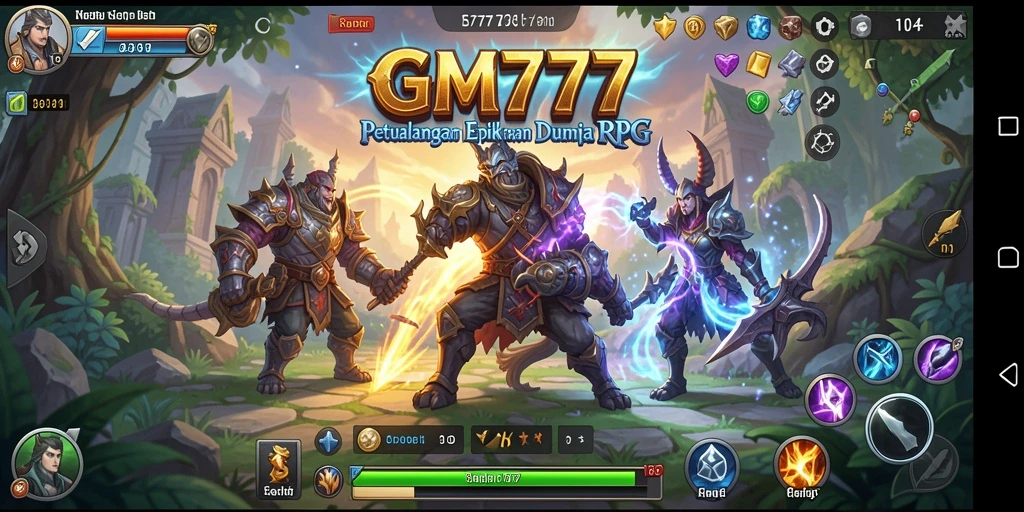 Tampilan gameplay GM777 dengan pertempuran seru di dunia RPG.